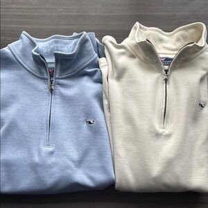 Men’s Vineyard Vines Blue and Cream Quarter-Zip Pullovers, Large
